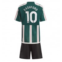 Camiseta Manchester United Marcus Rashford #10 Visitante Equipación para niños 2023-24 manga corta (+ pantalones cortos)